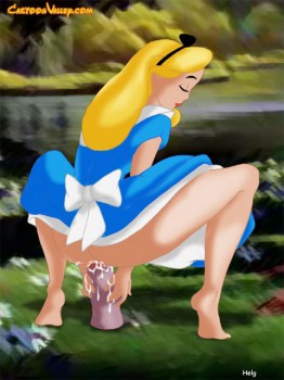 Alice in Wonderland fucks herself with a dildo